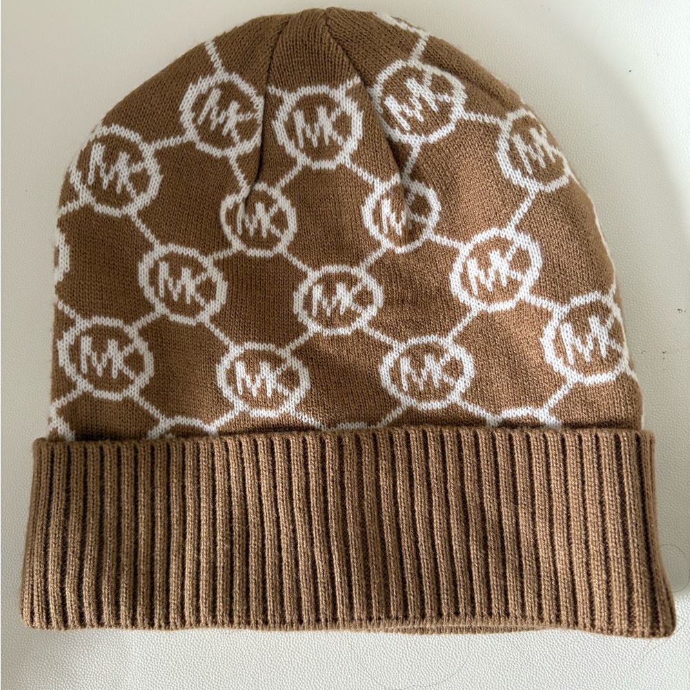 Michael Kors Tan and White Logo Beanie